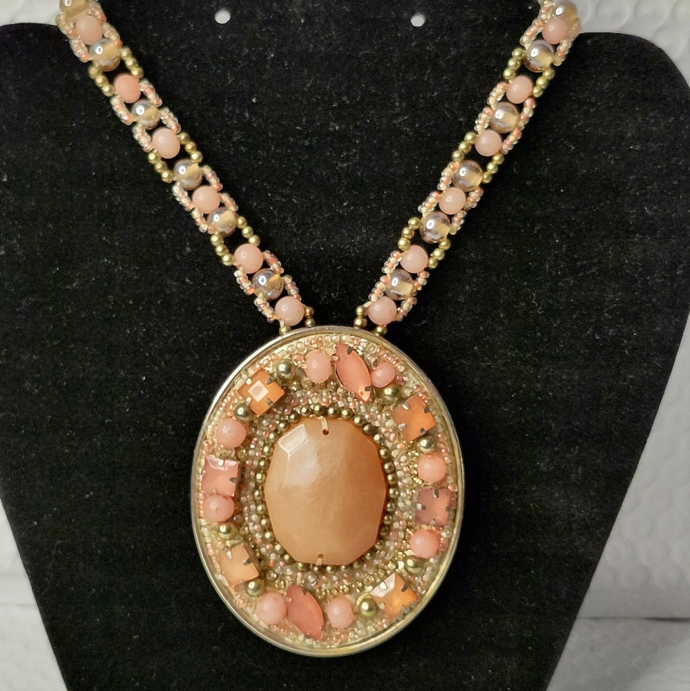 Chico's Large Pendant Coral & Pink Beaded Necklace